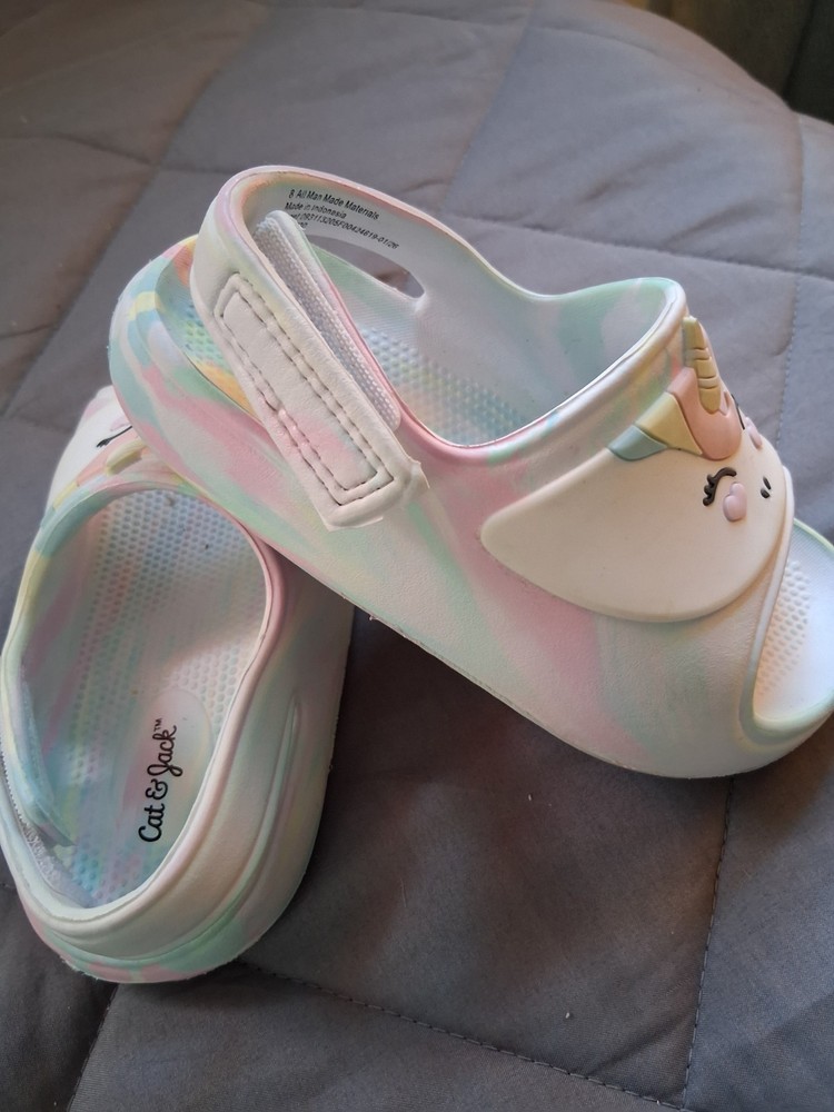 Cat & Jack Unicorn Slide Sandals Hook & Loop Strap Multicolor/White Kids 8