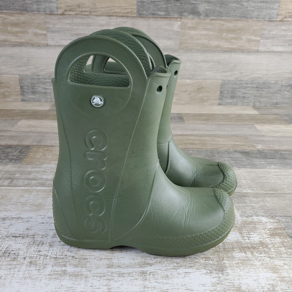 Crocs Handle It Kids Rain Boots Sz 2 Army Green Rubber Handles Slip On Round Toe