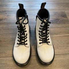 Dr. Martens, Junior 1460 White Patent Leather Lace-up Boots With Side Zip, Sz 4