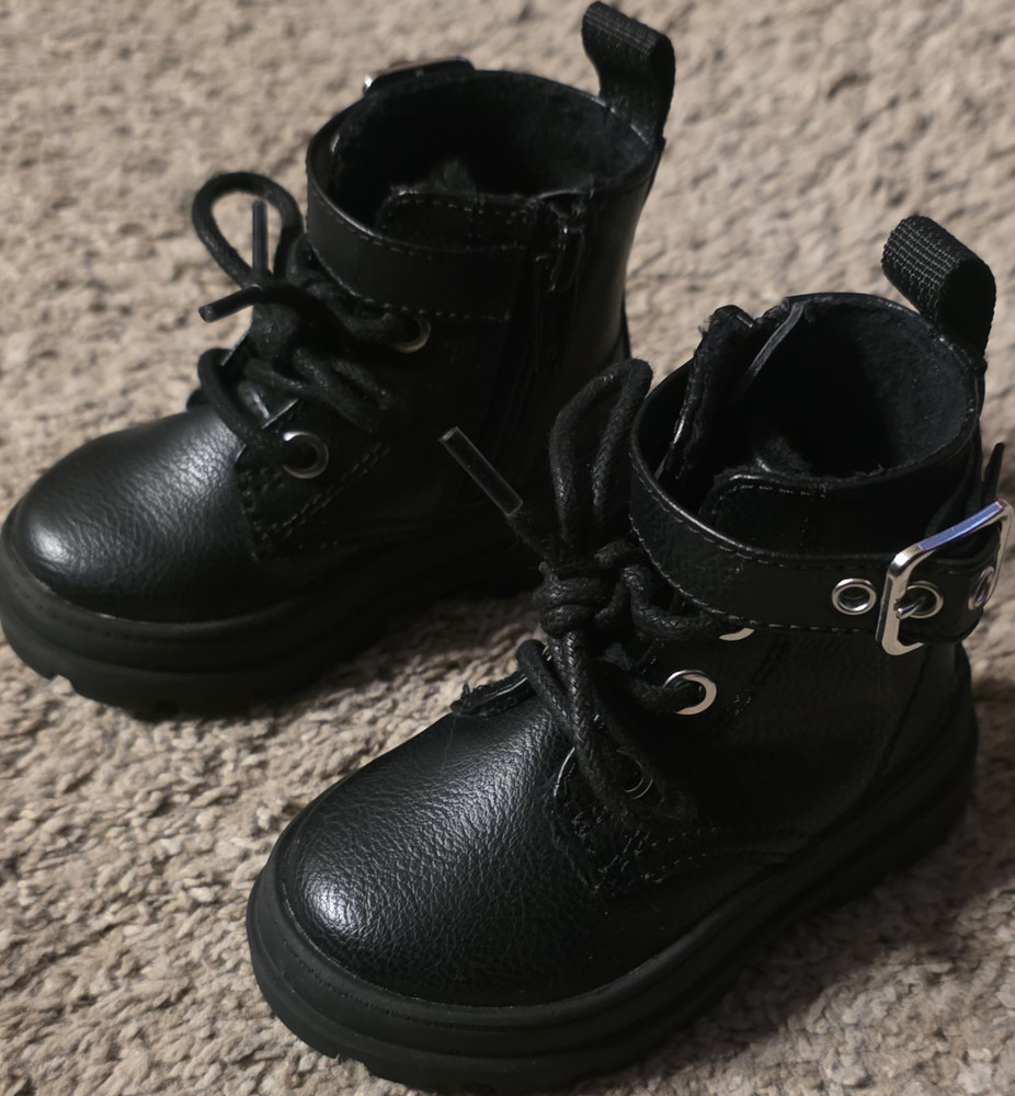 H&M Unisex Kids Black Bootie Boots Synthetic Leather Buckle Lace-Up Size 4-5