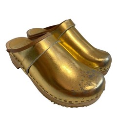 Sven Swedish clogs plain gold metallic leather EU 34 US kids size 4 wooden shoes