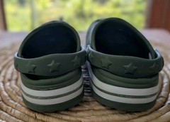 Khaki Slip-On Clogs Solid Round Toe Strap Accent Size 7 Unisex Dinosaur Charm