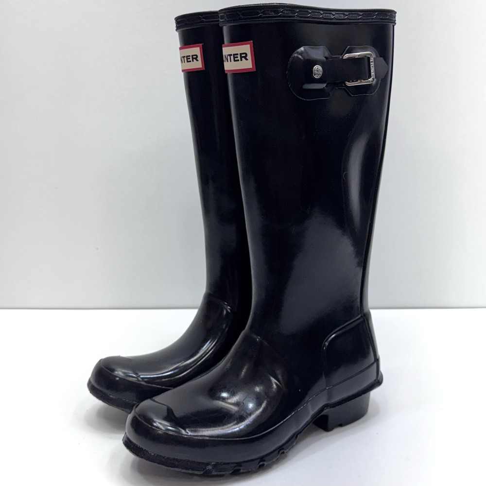 Hunter Original Kids Gloss Rain Boots Black Waterproof Tall Wellington US 1B/2G