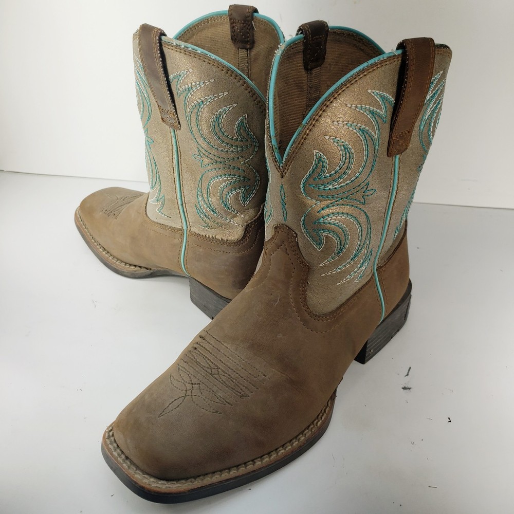 Ariat Boots Brown Leather Western 10038443 Wiggle Room Youth 3.5 Turquoise Stitc
