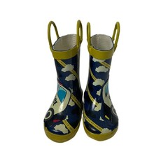 Kids Rain Boots Police Car Pattern Blue/Yellow Pull-On Handles Rubber Size 5