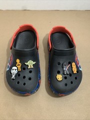 Star Wars Black Crocs Size Junior 3 with 6 Marvel Jibbitz Red Strap TIE Fighter