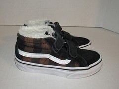 Vans Sk8 Mid Hook & Loop Black Suede Flannel Fur Shoes Kids Toddler Size 11.5