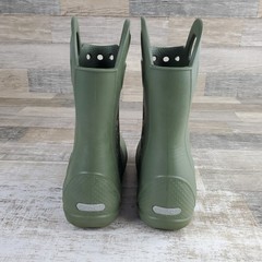 Crocs Handle It Kids Rain Boots Sz 2 Army Green Rubber Handles Slip On Round Toe