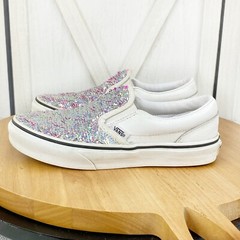 Vans Classic Sneaker Kids 3 Leather Flip Sequin Slip On Shoe White Pink Silver