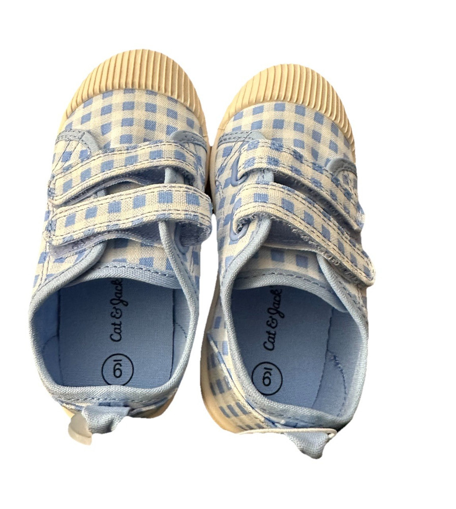Cat & Jack Parker Kids Sneakers Blue Gingham Hook & Loop Strap Fabric US 9