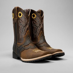 Kids Embroidered Square Toe Cowboy Boots Brown Leather 6″ Shaft 1″ Heel