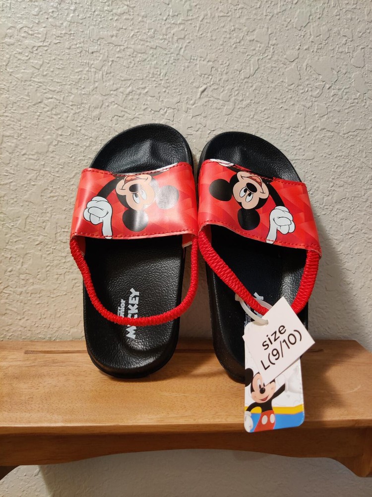 Disney Junior Mickey Mouse Red Black Slide Sandals Slip On Elastic Size L 9/10