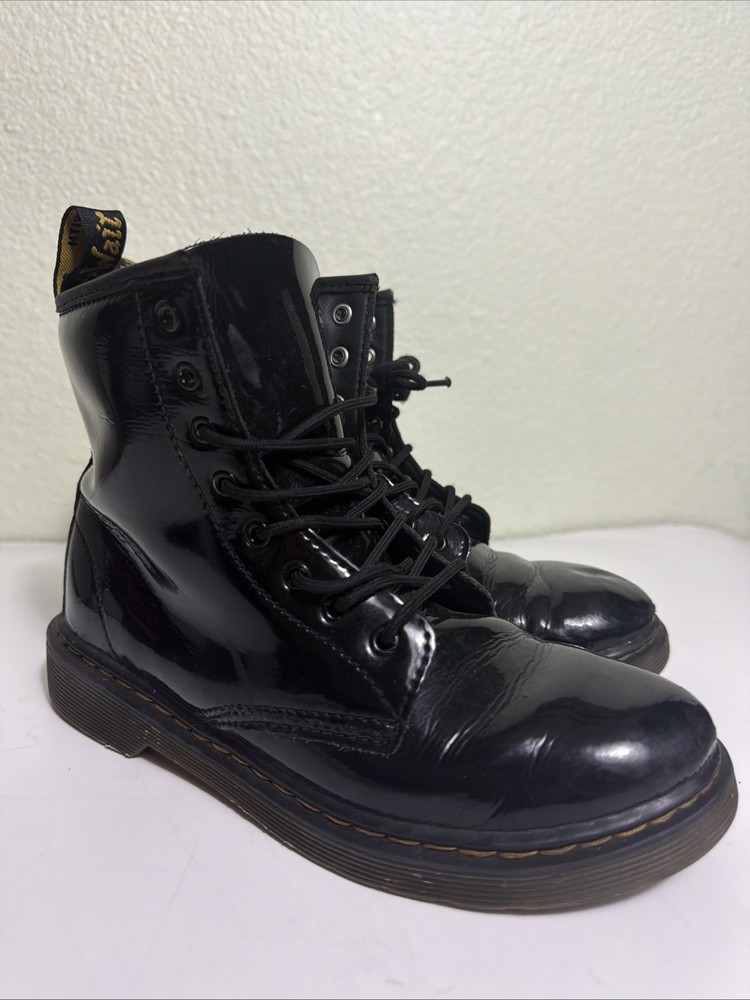 Dr. Martens Doc 1460 J Juniors Combat Boots Size 4 Glossy Black Leather Side Zip