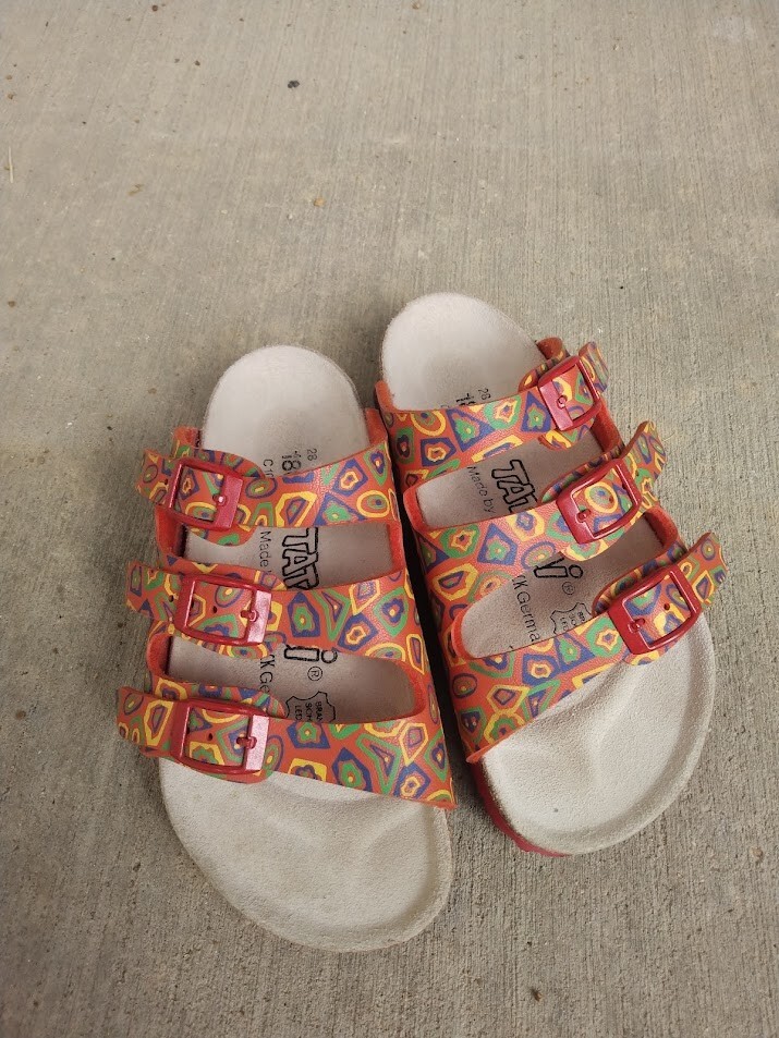 Tatami Red Birkenstocks, youth size 10, three straps, multi color