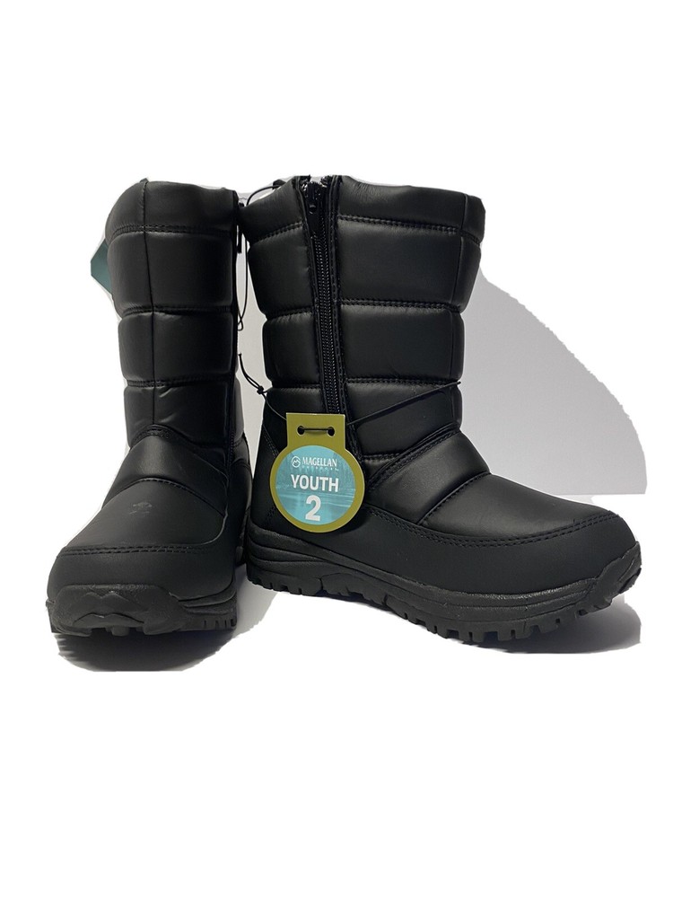 Magellan Outdoors Youth Size 2 Snow Boots Black Side Zip Lined Winter