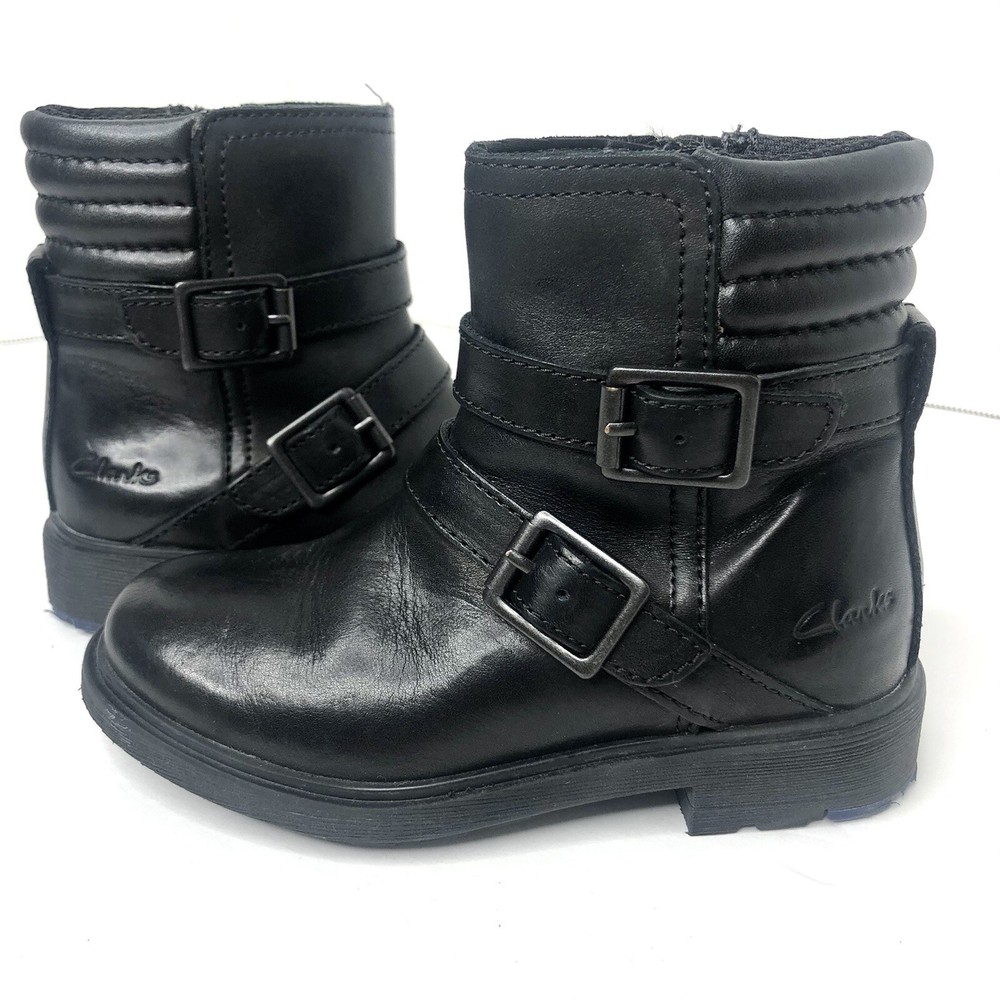 Clarks Boots Unisex Kids Childrens Black Leather Moto Buckle Straps Zipper 8M