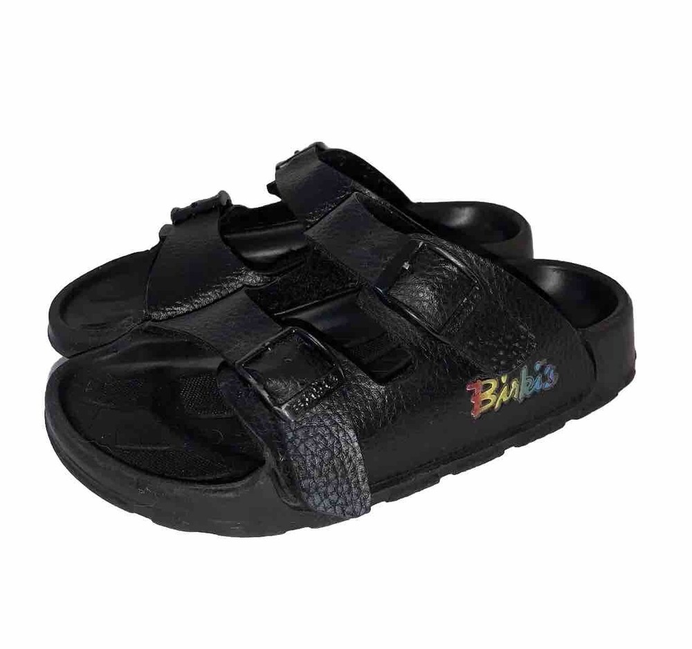 Birki’s Birkenstock Black w Rainbow Logo Sandal Two Strap Kids Size 31 youth 13
