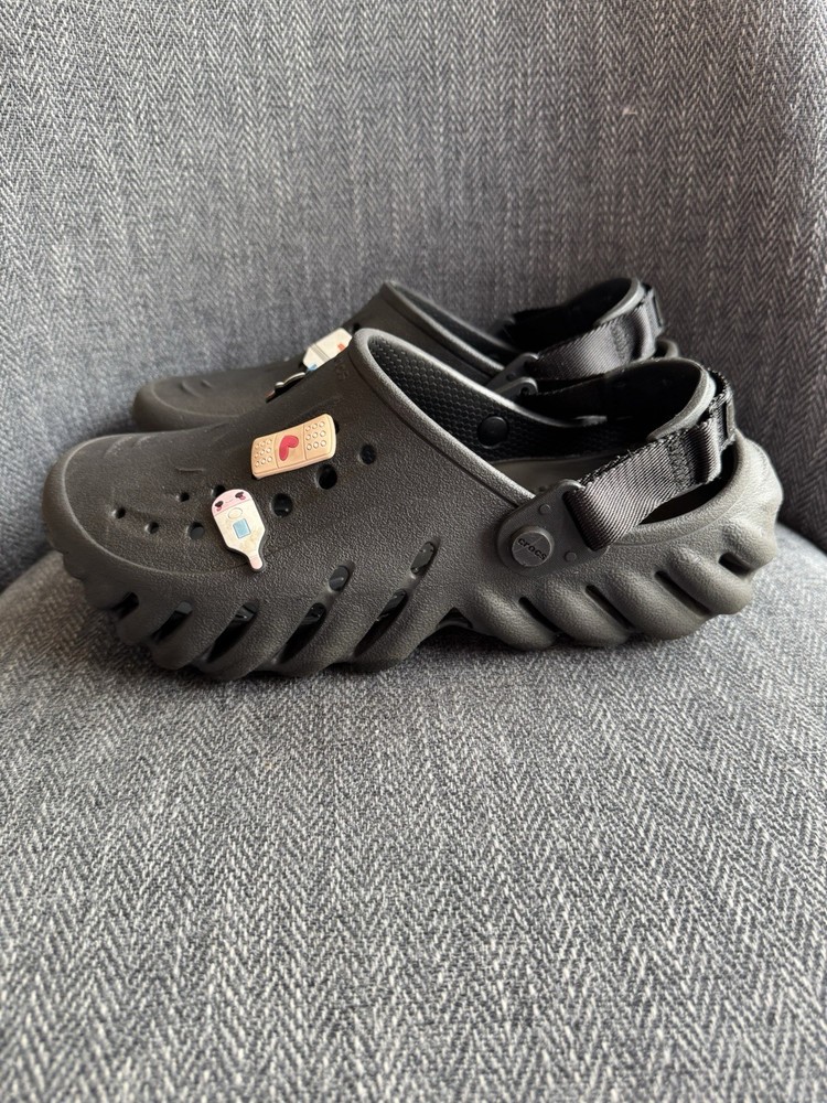 Crocs Echo Clogs Black J6 Croslite Slip On Shoes W Charms Youth Kids Unisex