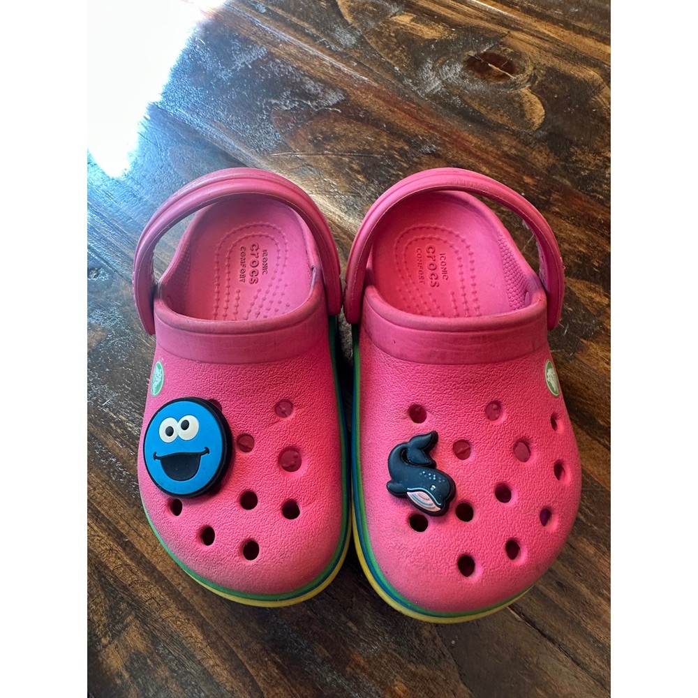 Crocs Kids Crocband Pink Rainbow Stripe Clogs with Cookie Monster Charms Size C7