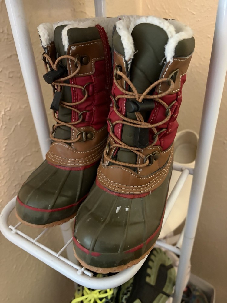 Lands‘ End Unisex Kids US 12 Red Brown Green Lace-Up Snow Boots Faux Fur