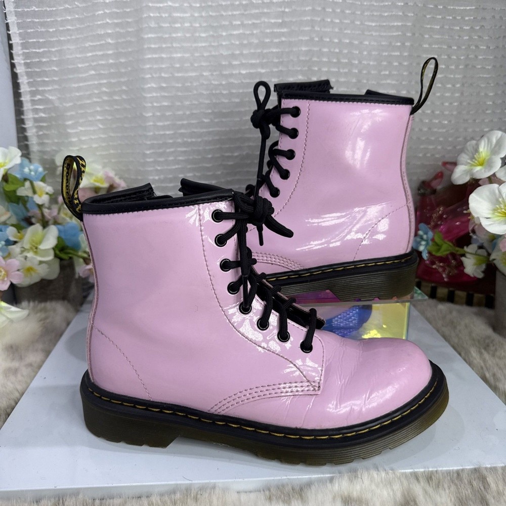 (P5) Dr. Martens Combat Boots Leather Pink Lace Up Side Zip Size 3 big boy