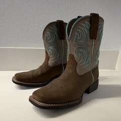 Ariat Western Embroidered Leather Boots Blue Stitching Square Toe Unisex Kids