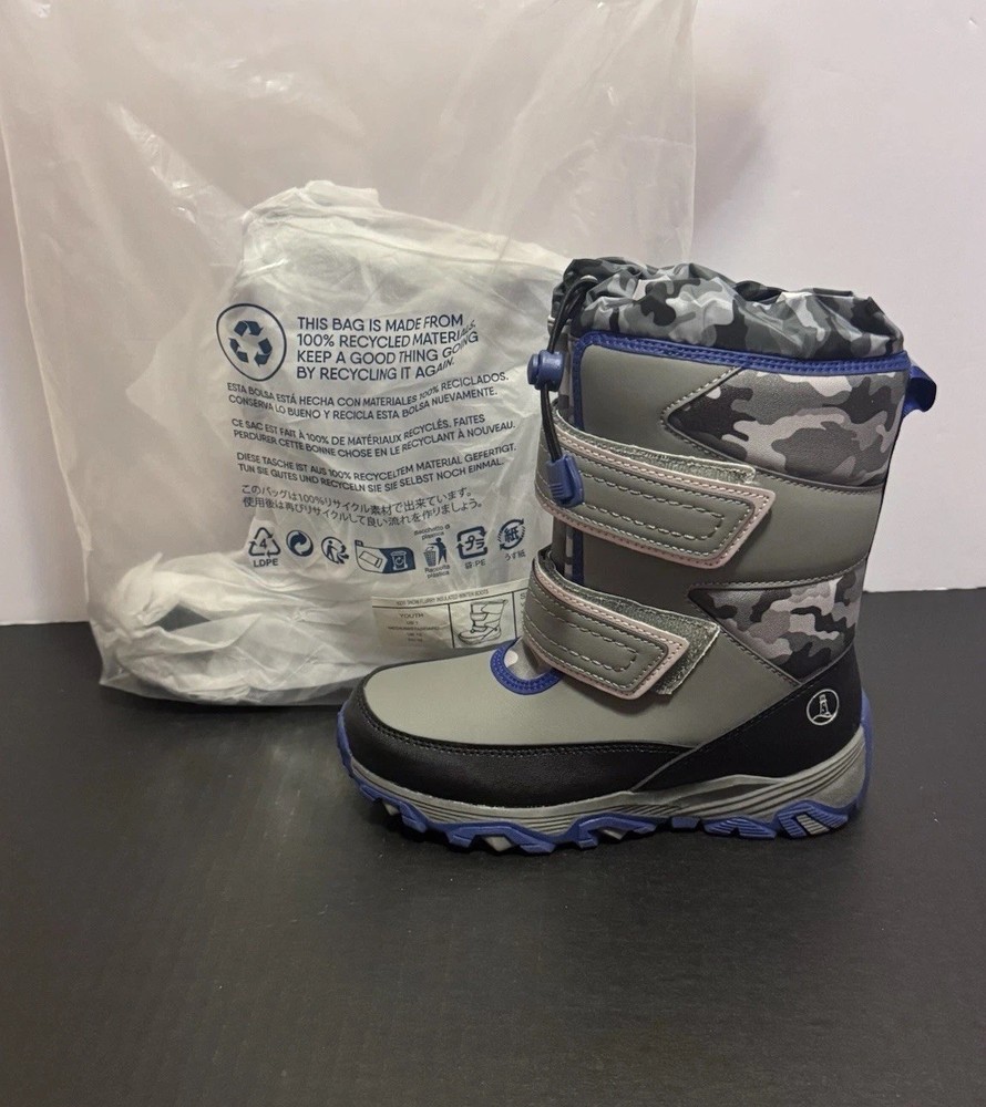 LANDS END Winter Boots Gray Camo/Blue THERMOLITE BOOTS Sz Youth 1