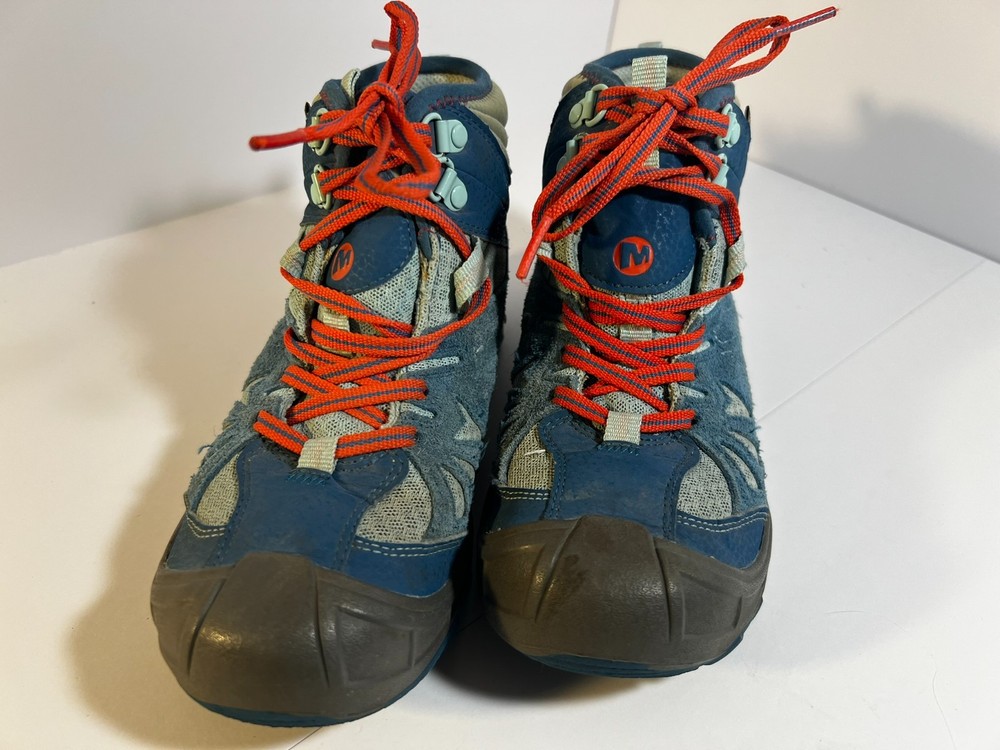 Merrell Capra Mid Waterproof Hiking Boots Blue Leather Big Kid 3.5M