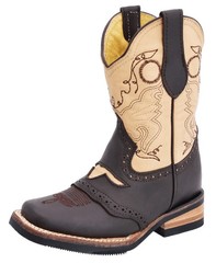 Kids Brown Bull Square Toe Leather Cowboy Boots Rubber Sole Handmade