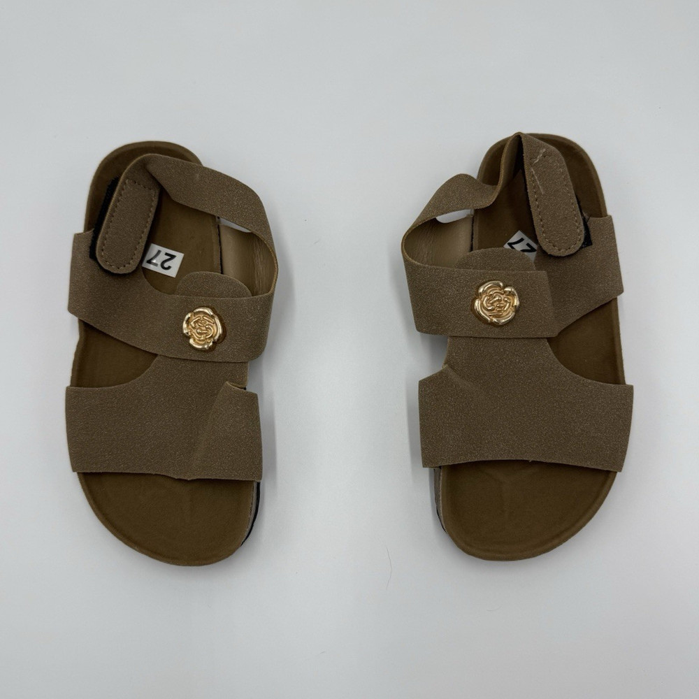 Kids Brown Strappy Hook & Loop Adjustable Flat Sandals Logo Accent Size 27