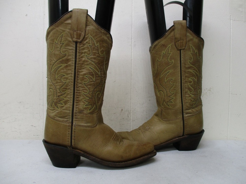Old West Brown Leather Scallop Shaft Snip Toe Cowboy Boots Sz 11.5 Youth CF8229