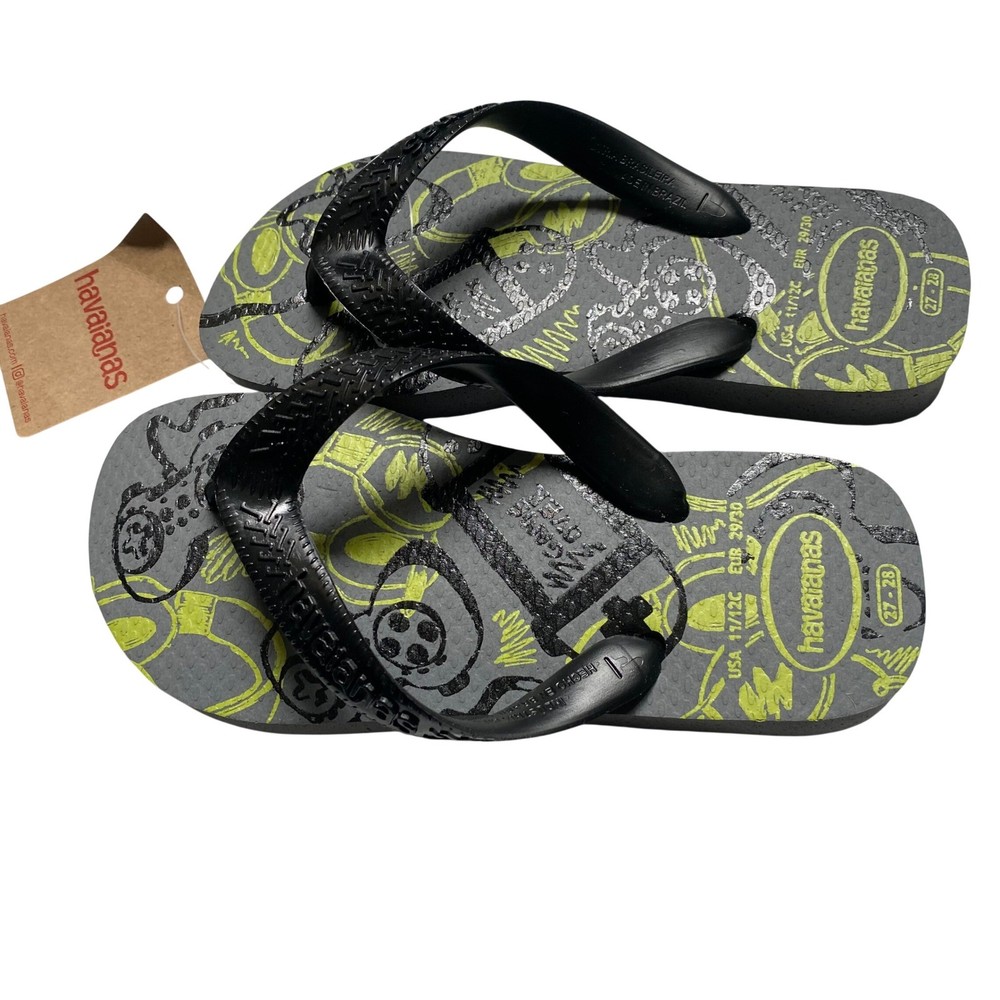 Havaianas Kids Game Over Flip Flops Grey Neon Video Game Sandals 11/12C NWT