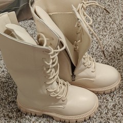 Beige High Top Combat Boots Lace Up Zipper Unisex Kids Size 11c Synthetic Rubber