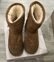 BEARPAW Val kids Mid-Calf Suede Shearling Boots Brown Size 1 M Round Toe