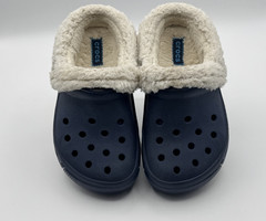 Crocs Youth Classic Lined Clogs Size J1 Blue Slip-on White Faux Fur Fuzzy & Warm