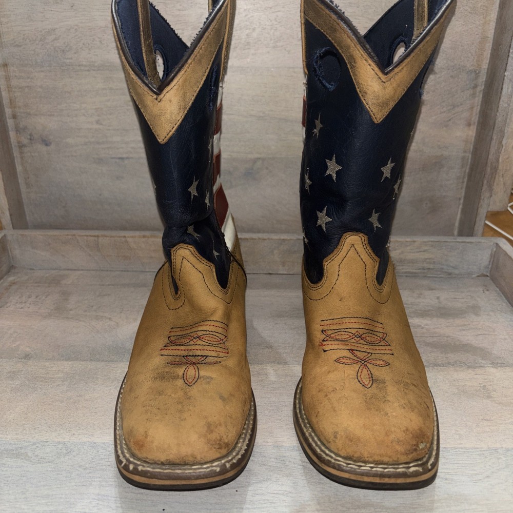 Smoky Mountain Western Leather Flag Boots 3.5 R Unisex Kids Mid-Calf Square Toe