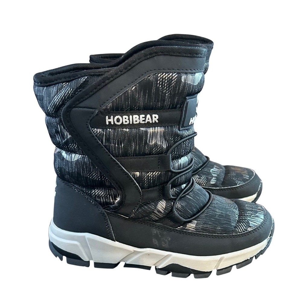 Hobibear Kids Snow Boots Black Grey Faux Fur Lined Insulated Winter Size 11-12