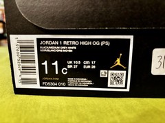 Jordan 1 Retro High OG (PS) Black/Medium Grey-White Size 11c Kids New in Box