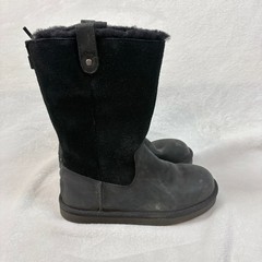 UGG Boots Kids Size 2 Black Good Leather Suede Back Zip Faux Fur 1013287K