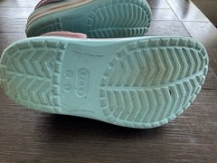 Youth Size 2 Light Blue With Pink Strap Crocs With White And Pink Stripe