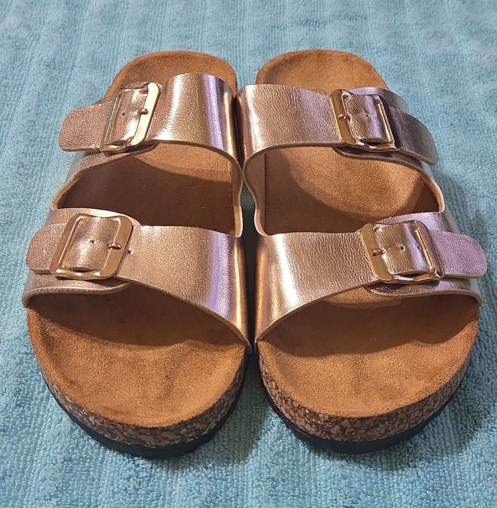 Payton Double Buckle Adjustable Slide Sandals Cork Footbed Gold Kids 10/11