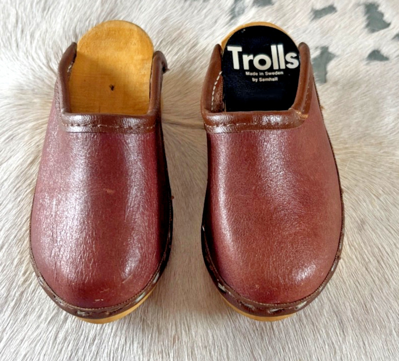 Samhall Trolls Clogs 4.75 x 2 in Sweden Doll Clog Wooden Slip On Brown