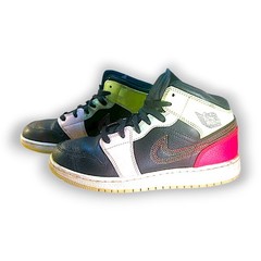 Air Jordan 1 Mid SE Stitched Swoosh Multi-Color Black Ivory Youth 6Y Sneakers