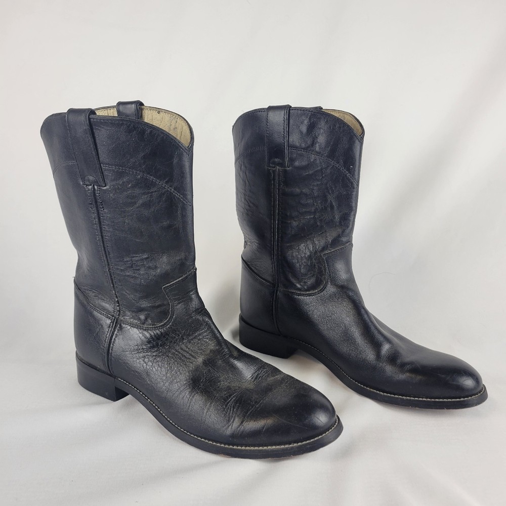 Justin Junior Roper Size 6 D Black Leather Cowboy Western Boots 3702Y Y4321 0302