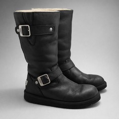 UGG Kids Size 8 Black Leather Motorcycle Boots Shearling Lined Buckle Engineer