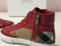 $225 BURBERRY Mini Haypark Check Parade 29 12 Red Leather Sneakers Shoes &BOX