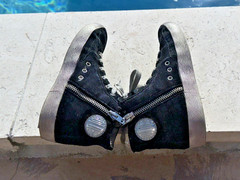 GOLDEN GOOSE BLACK SHIMMERING FABRIC SIDE ZIP HIGH TOP SNEAKERS Sz EUR 31 USA 13