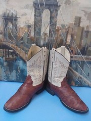 Old West 12122012 Leather Cowboy Boots Brown/Tan Cream Stitching Youth Sz 5