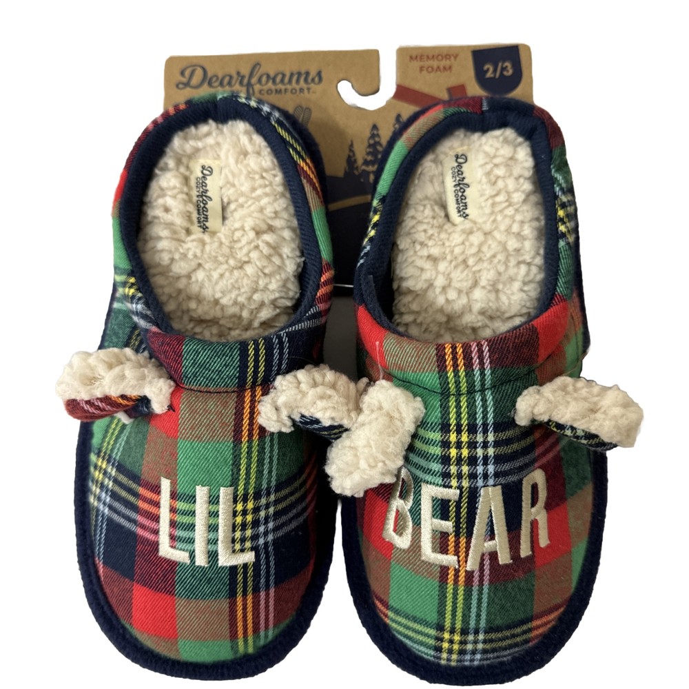 NEW Dearfoams Memory Foam LIL BEAR Green Plaid Slippers Kids Youth Size 2/3