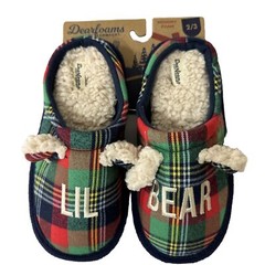 NEW Dearfoams Memory Foam LIL BEAR Green Plaid Slippers Kids Youth Size 2/3